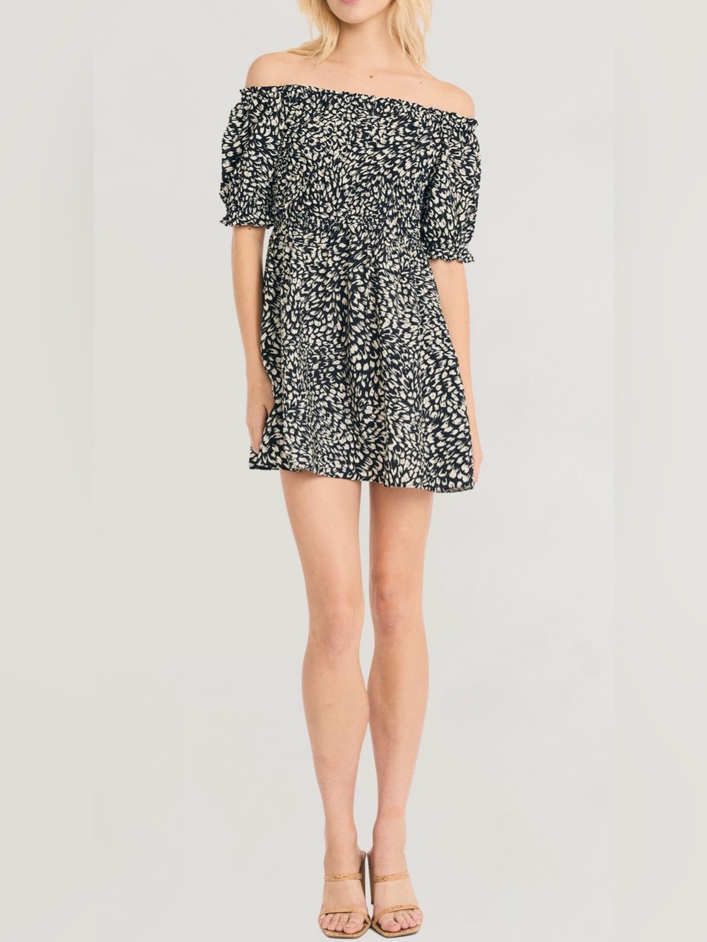 Off-Shoulder Black and White Printed Mini Dress NWT Size L